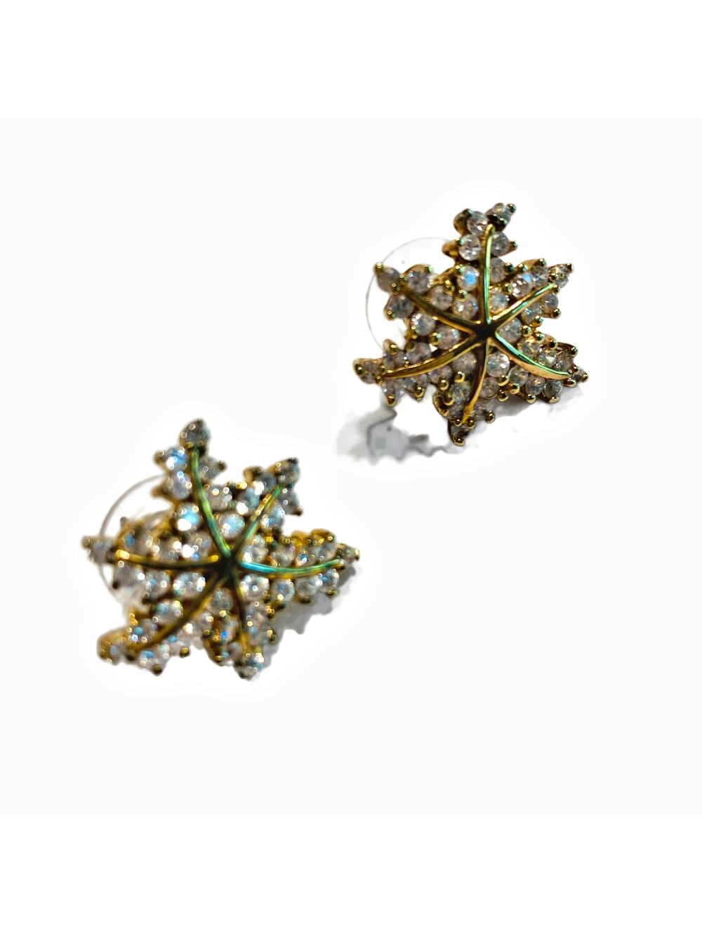 Snowflake filigree pierced earrings 925 silver & gold clear crystal signed CL
